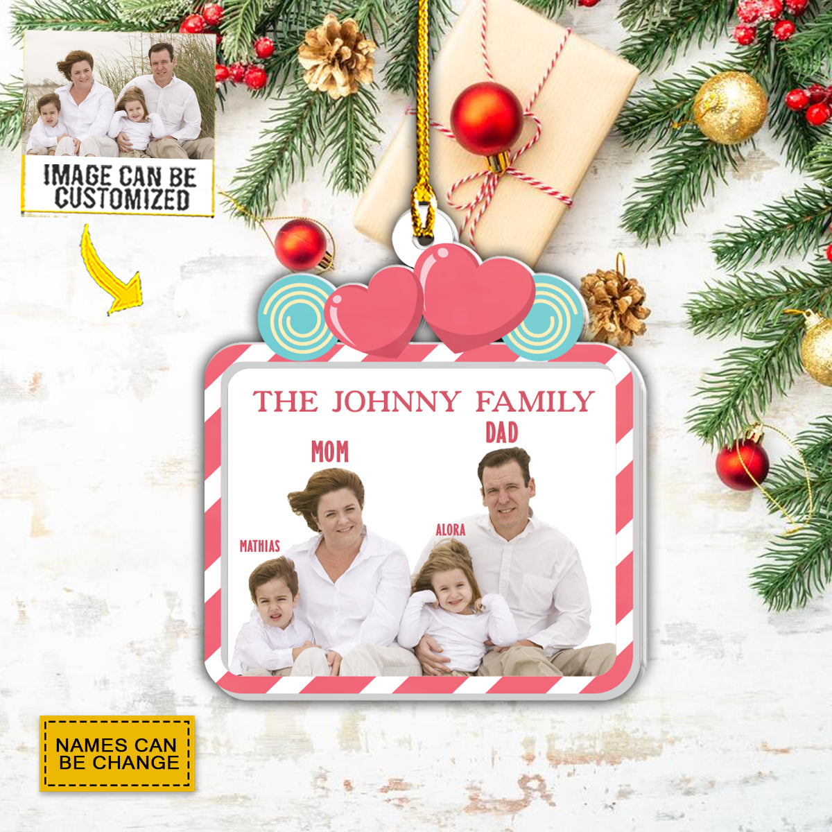 Teesdily | Customized Photo Name Family Members Christmas Ornament Mom Dad Children Ornament Holiday Gift Idea Family Keepsake Custom Photo Ornament