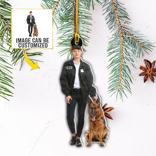 Teesdily | Customized Image Police Dog Ornament Policeman Police Dog Trainer Gift Christmas Tree Decoration Custom Photo Ornament Two Sided