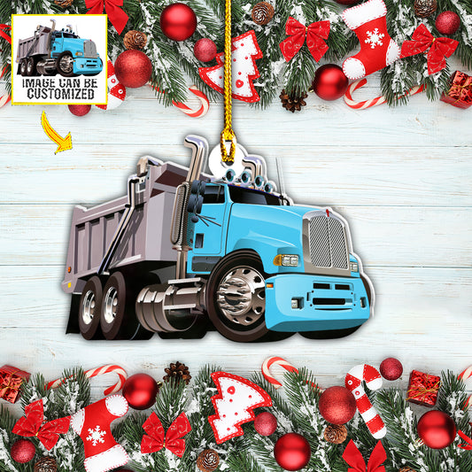 Teesdily | Customized Dump Truck Christmas Car Pendant Hanging With Picture Truck Driver Ornament Truckers Gifts Custom Photo Ornament Two Sided