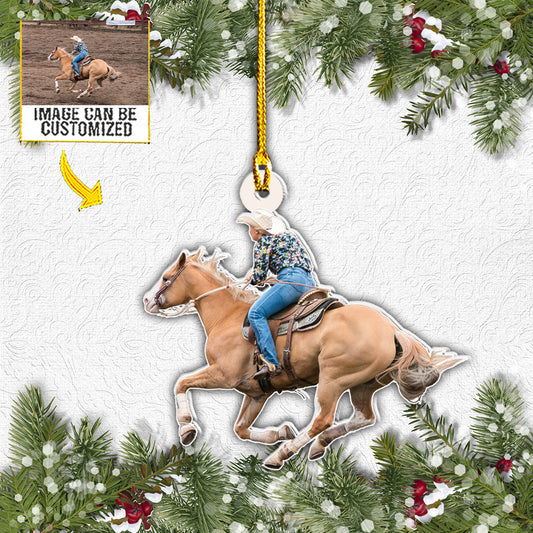 Teesdily | Customized Photo Picture Cowboy Christmas Rear View Mirror Hanging Horse Rider Car Ornament Gift For Horse Riding Lovers Home Decor