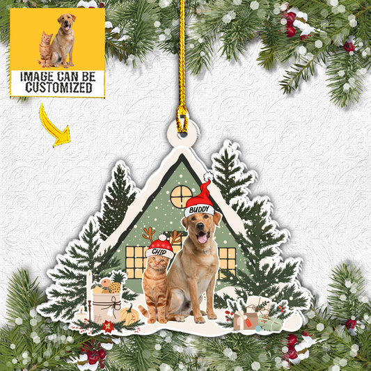 Teesdily | Pet Christmas House Cute Rear View Mirror Hanging Pet Ornament Christmas Vacation Gift For Pet Lovers Personalised Photo Christmas Ornament