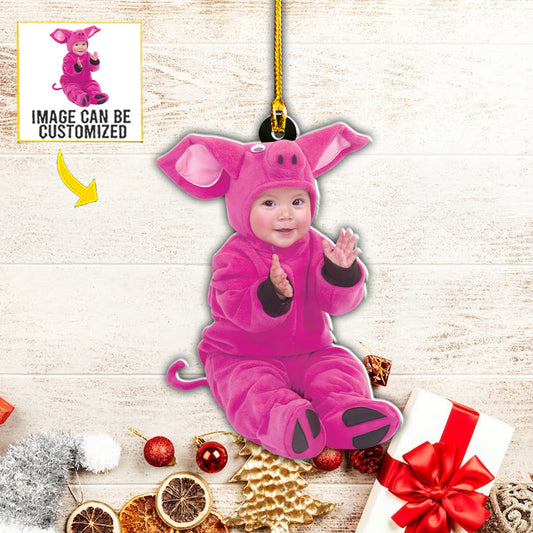 Teesdily | Customized Baby Pig Costume Christmas Hanging Ornament Personalised Photo Christmas Ornament Merry Christmas Daughter Son Gifts