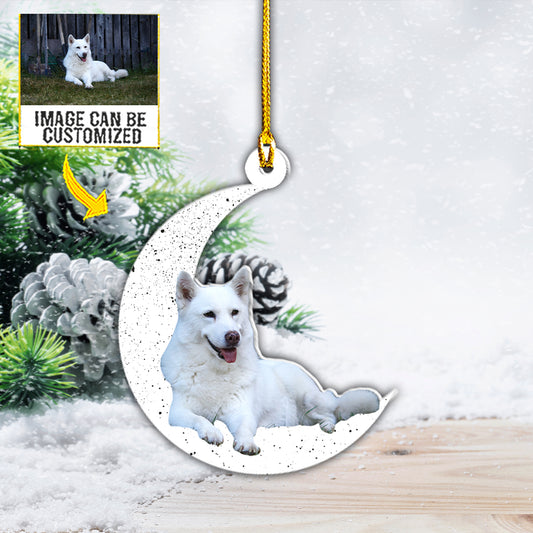 Teesdily | White Husky Pet Personalized Picture Ornament Dog Cresent Moon Car Hanging Ornament Dog Lover Gifts Holiday Custom Pet Ornament