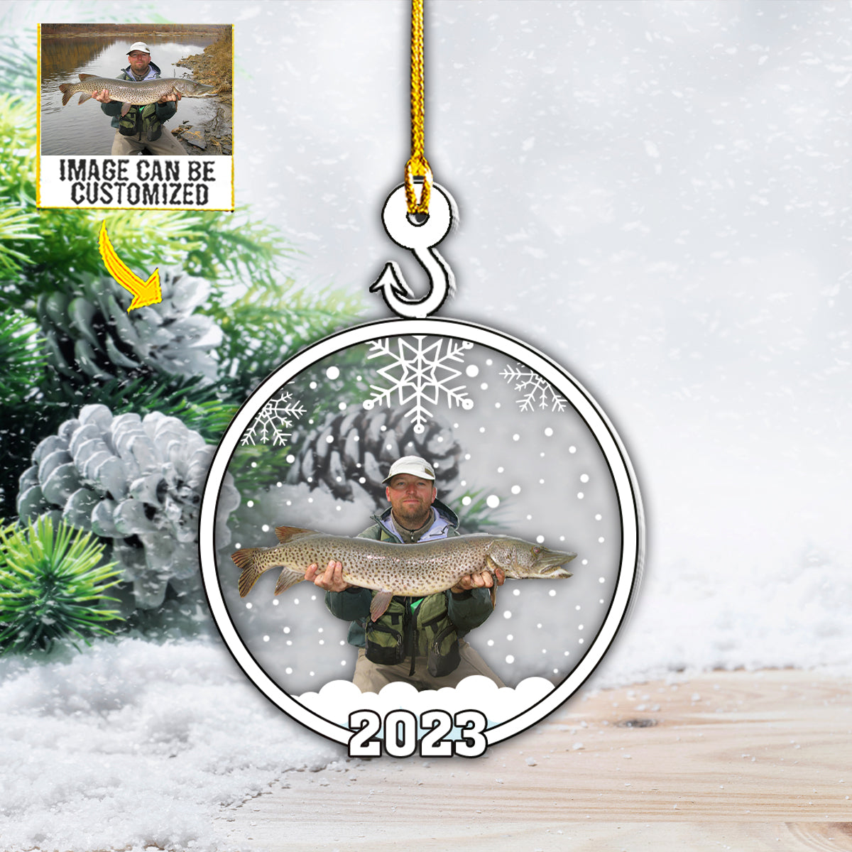 Teesdily | Fisherman Customized Car Pendant Hanging With Photo Snowflake Christmas Decorations For Home Memory Keepsake Christmas Gifts Xmas Decor