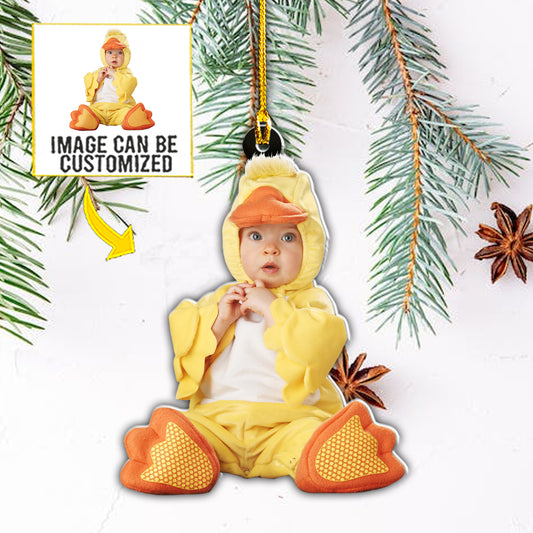 Teesdily | Customized Baby Duck Costume Christmas Ornament Merry Christmas Tree Decor Home Decoration Gift For Xmas Custom Photo Cutout Ornament