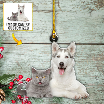 Teesdily | Customized Funny Shorthair Cat And Husky Pets Hanging Ornament Dogs Cat Pet Lover Gift Christmas Home Decor Custom Picture Car Ornament