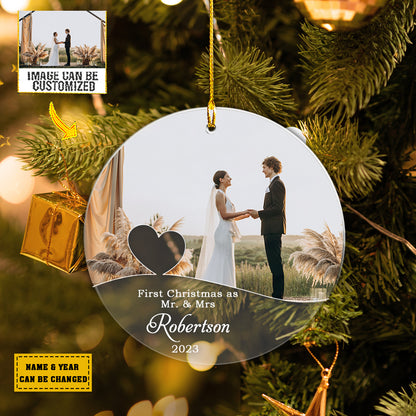 Teesdily | First Christmas As Mr And Mrs Customized Ornament With Photo First Christmas Married Ornament Newlywed Gift Ornament Xmas Decoration