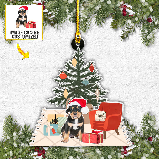 Teesdily | Rottweiler Puppy Customized Christmas Dog Ornament With Picture Photo Xmas Theme Car Hanging Pendant Cute Pet Owner Xmas Hanging Car Charms