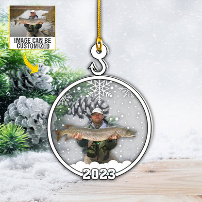 Teesdily | Fisherman Customized Car Pendant Hanging With Photo Snowflake Christmas Decorations For Home Memory Keepsake Christmas Gifts Xmas Decor