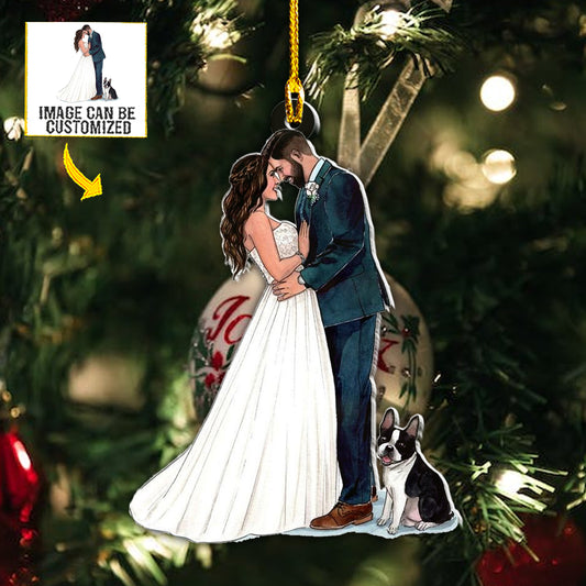 Teesdily | Customized Photo Bride And Groom Christmas Ornament First Christmas Married Ornament Newlywed Gift For Christmas Custom Photo Car Ornament