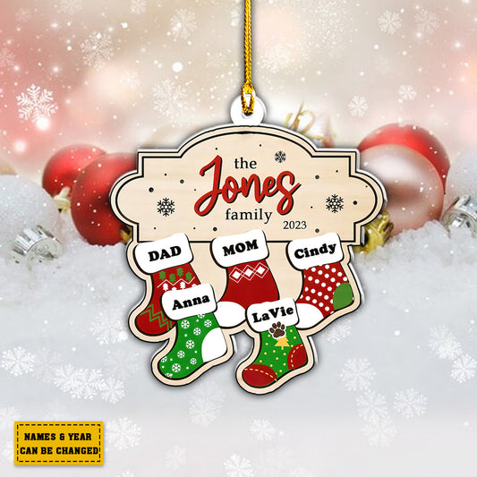 Teesdily | Family Personalized Name Christmas Stocking Ornament Family Custom Rear View Mirror Hanging Family Christmas Tree Decoration Gifts