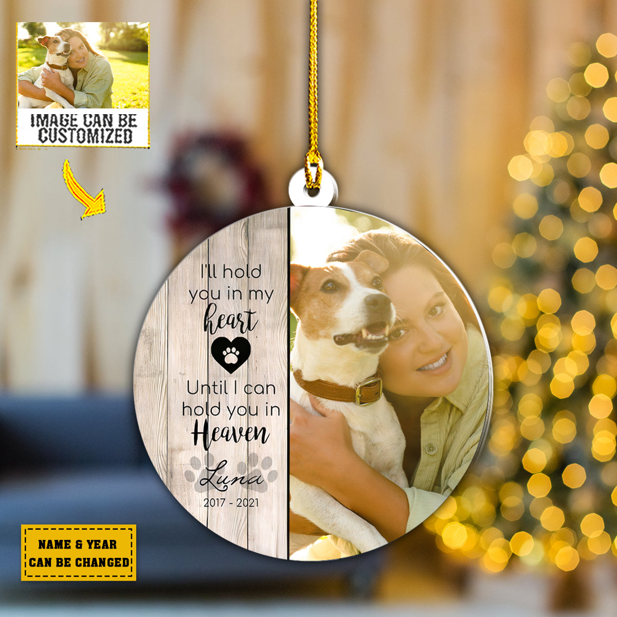 Teesdily | Pet Custom Photo Ornament I'll Hold You In My Heart Dog Loss Keepsake Personalized Pet Memorial Ornament Christmas Gifts Pet Loss Keepsake