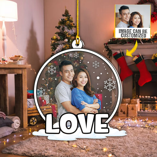 Teesdily | Customized Couple Photo Plastic Hanging Ornament Couple Love Rear View Mirror Accessories Personalized Gift For Couple Xmas Decor