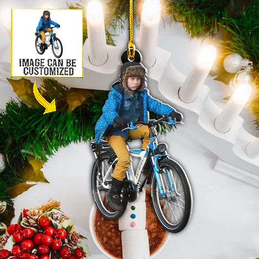 Teesdily | Customized Christmas Gift For Cyclist Hanging Ornament Kids Love Cycling Christmas Ornament Son Gift Home Decor Custom Photo Car Ornament