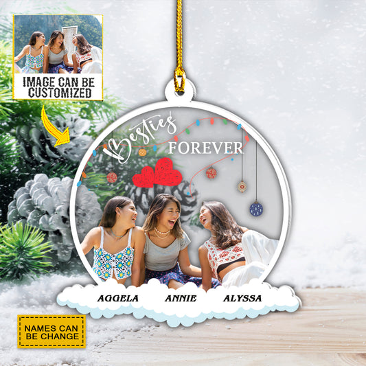 Teesdily | Besties Forever Personalized Photo Rear View Mirror Charm Christmas Bff Car Pendant Hanging Friend Christmas Keepsake Gifts Xmas Tree Decor