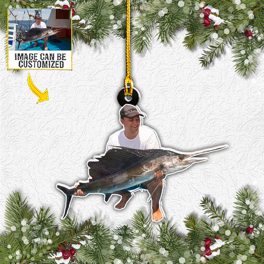 Teesdily | Customized Photo Fishing Christmas Ornament Fisherman Ornament Christmas Vacation Fishing Lovers Gifts Custom Photo Christmas Ornaments