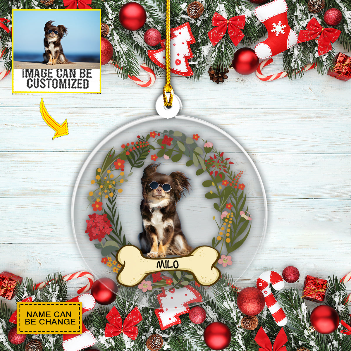 Teesdily | Personalized Pet Photo Rear View Mirror Hanging Pet Christmas Wreath Rear View Mirror Charm Christmas Tree Decoration Dog Lover Gifts