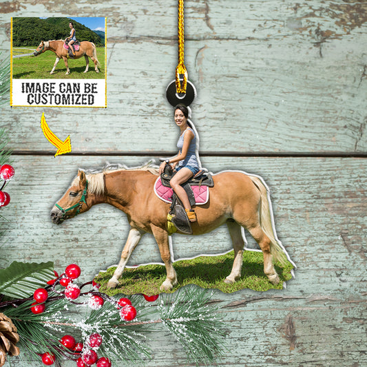 Teesdily | Horse Rider Customized Photo Christmas Ornament Horseback Riding Horse Ornament For Christmas Tree Horse Riding Gifts Custom Photo Ornament