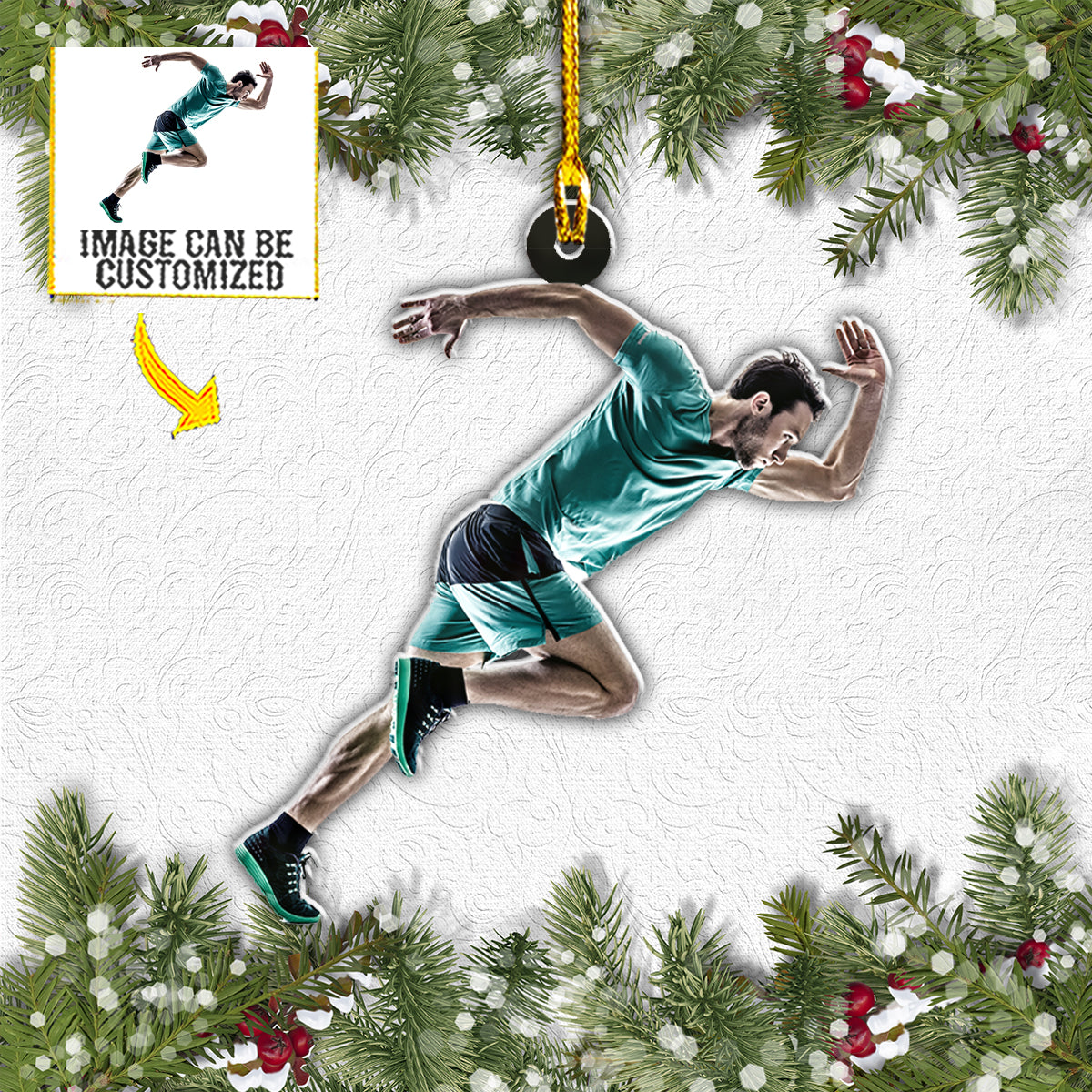 Teesdily | Customized Running Runner Rearview Mirror Charms Sport Man Christmas Car Ornament Athlete Marathon Lover Customized Photo Xmas Ornaments