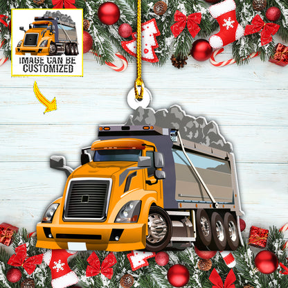 Teesdily | Customized Photo Dump Truck Car Christmas Ornament Truck Driver Ornament Gift For Truckers Christmas Tree Decor Custom Photo Car Ornament