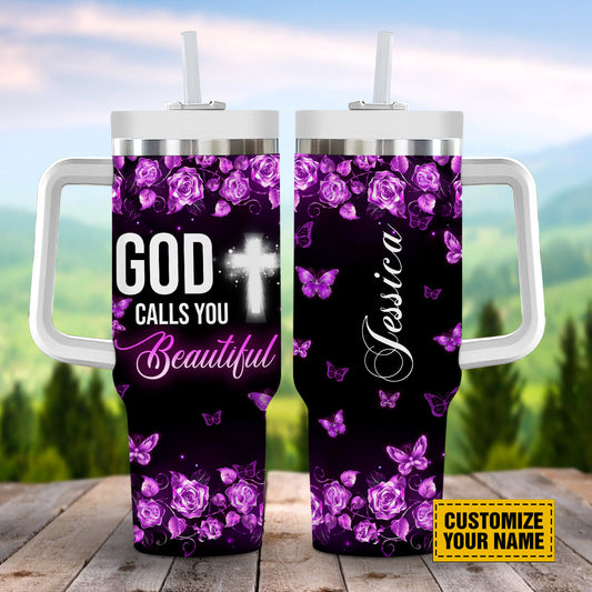 Teesdily | Customized Jesus Butterfly Rose Insulated Tumbler, God Calls You Beautiful Tumbler, Christian Gifts For Women 40oz Tumbler