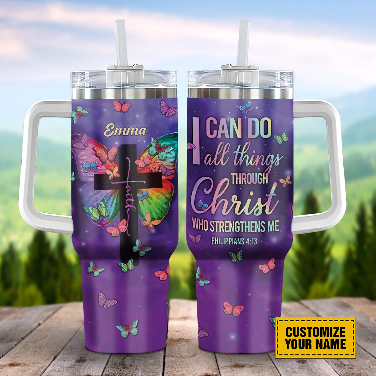 Teesdily | Customized Faith Cross Butterfly 40oz Insulated Tumblers, I Can Do All Things Through Christ Travel Tumbler, Inspirational Gifts For Women