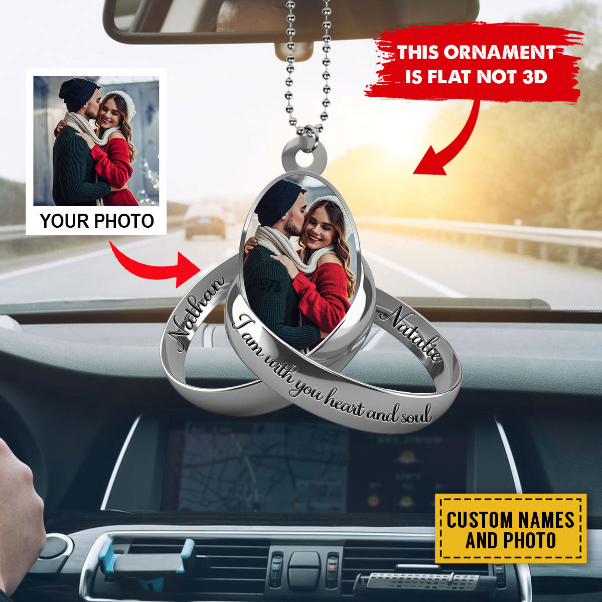 Teesdily | Personalized Photo Couple Ring Rear View Mirror Hanging I Am With You Love And Soul Car Ornament With Picture First Christmas Ornament Gift