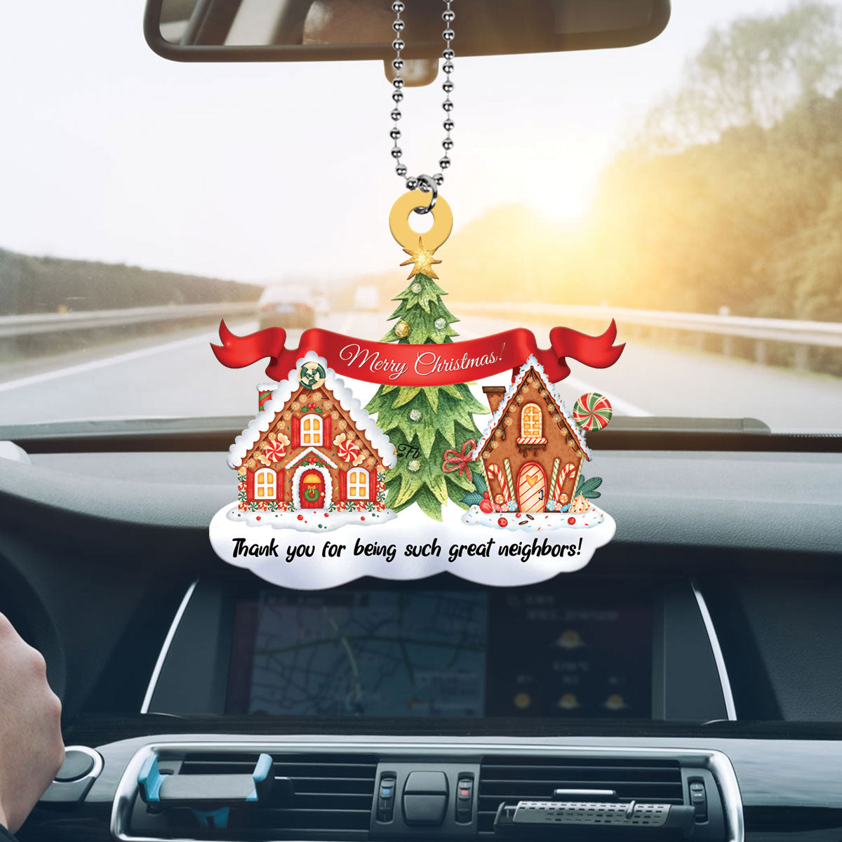 Teesdily | Neighbor Ginger Bread House Christmas Rearview Mirror Charms Thank You For Being Such Great Neighbors Christmas Tree Ornament Xmas Gifts