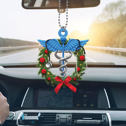 Teesdily | Nurse Caduceus Car Pendant Hanging Christmas Ornament Medical Symbol Rear View Mirror Hanging Nurse Christmas Wreath Nurse Gift Ideas