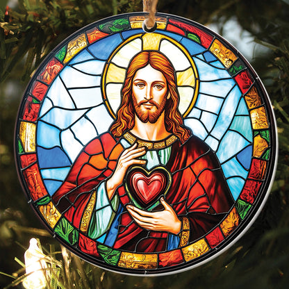 Teesdily | Jesus Christmas Ornament, Jesus Christ Sacred Heart Stained Glass Print Ornament, Nativity Christian Christmas Gift