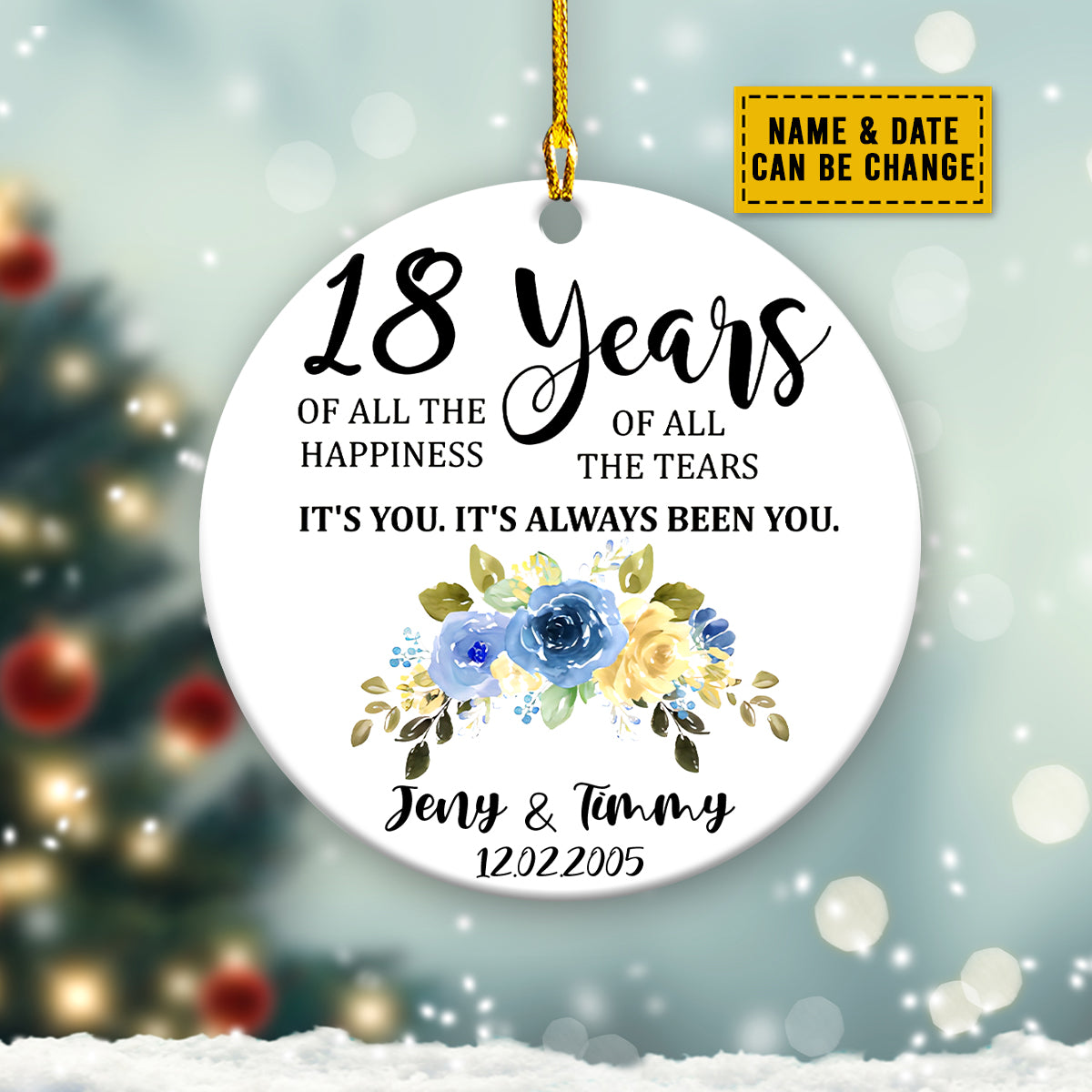 Teesdily | Customized Couple Christmas Keepsake Ornament 18 Years Of All The Happiness Car Hanging Gift For Lover Husband Wife Girlfriend Boyfriend