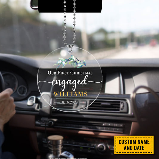 Teesdily | Custom Name Our First Christmas Engaged Ornament Engaged Keepsake Car Pendant Hanging Christmas Floral Christmas Tree Ornament