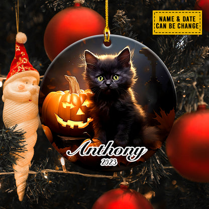 Teesdily | Customized Name Black Cat Halloween Ornament Cat Pumpkin Ornament Halloween Gift Idea For Cat Owners Cat Lovers