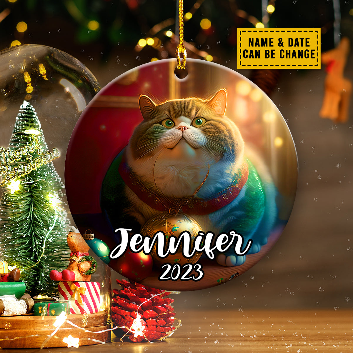 Teesdily | Fat Cat Christmas Personalized Rear View Mirror Hanging Pet Ornament Tree Decoration Cat Owners Custom Gifts Interior Accessories For Auto