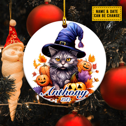 Teesdily | Customized Name Cat Witch Pumpkin Halloween Ornament Halloween Decoration Cat Lover Halloween Gift Fun Car Decoration