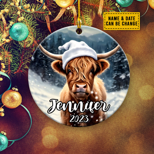 Teesdily | Customized Name Christmas Cow Ornament Cow Cattle Car Pendant Hanging Christmas Decoration Gift For Cow Lovers Farmer Farm Life