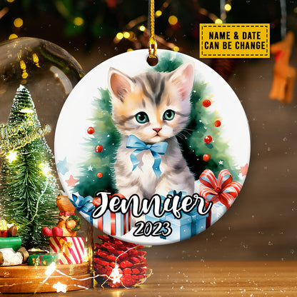 Teesdily | Customized Name Cute Cat Christmas Rear View Mirror Hanging Cat Xmas Car Charms Christmas Gift For Cat Lovers