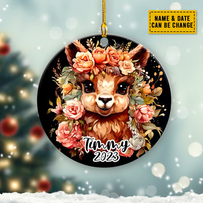 Teesdily | Customized Name Llama Floral Christmas Ornament Cute Animal Personalized Car Pendant Hanging Animal Lover Gifts Cute Xmas Tree Decor