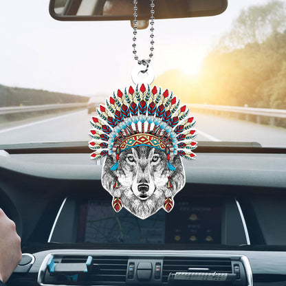 Teesdily | Wolf Native Chief Plastic Car Hanging Ornament Wolf Native Hat Rear View Mirror Hanging Native Lover Rearview Mirror Charms