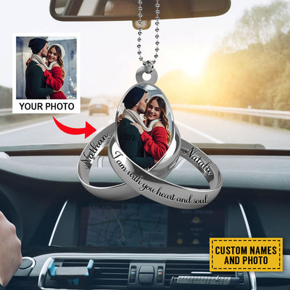 Teesdily | Personalized Photo Couple Ring Rear View Mirror Hanging I Am With You Love And Soul Car Ornament With Picture First Christmas Ornament Gift