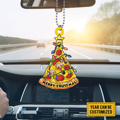 Teesdily | Customized Merry Crustmas Rear View Mirror Hanging Pizza Christmas Light Car Charm Funny Christmas Tree Decor For Fastfood Lovers