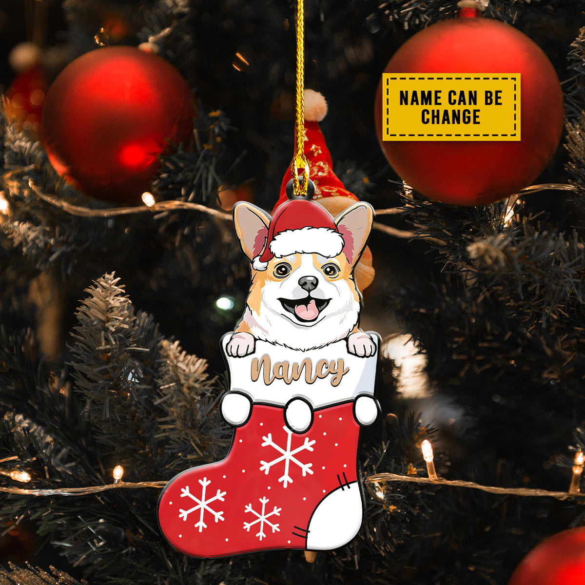 Teesdily | Personalized Corgi Dog Christmas Rear View Mirror Hanging Corgi Christmas Stocking Christmas Tree Ornament Corgi Mom Dad Christmas Decor