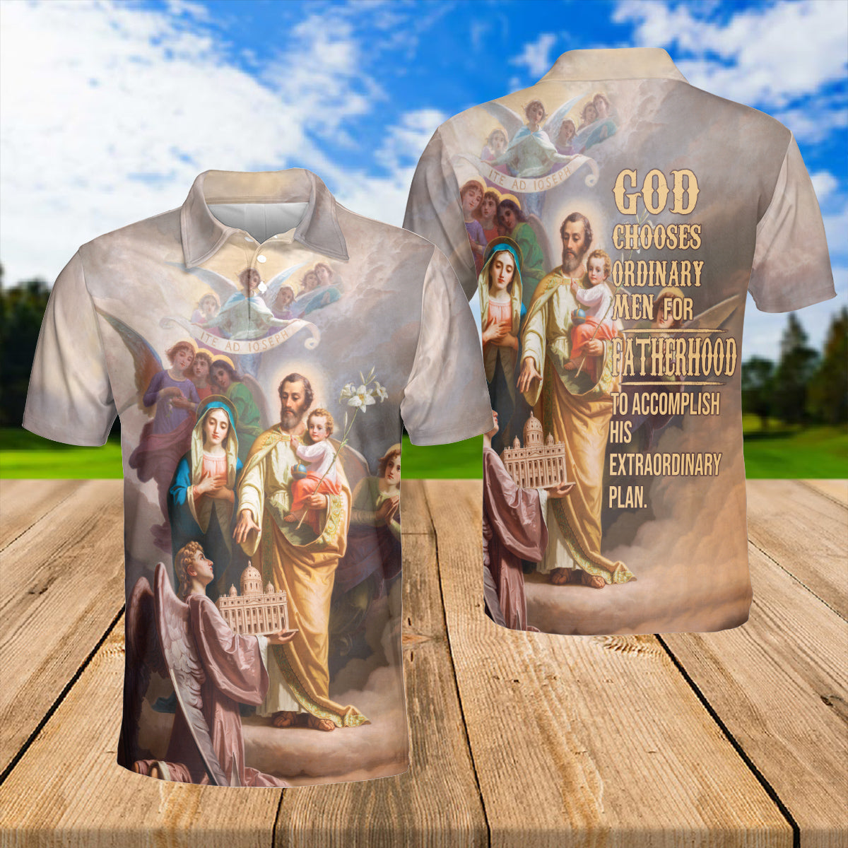 Teesdily | Holy Family Joseph Mary Jesus Graphic 3D Tshirt God Chooses Ordinary Men For Fatherhood All Over Print Tee Religious Gifts