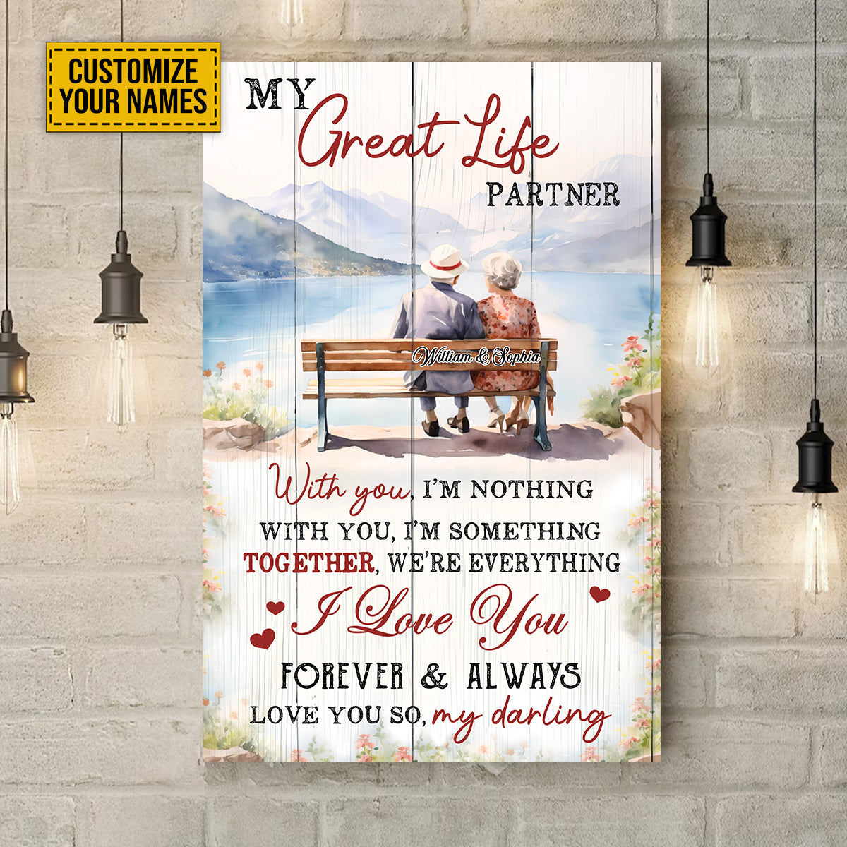 Teesdily | Old Couple Beautiful Landscape Customized Poster Canvas Mountain Scene Peaceful Wall Art My Great Life Partner Couple Room Wall Decor