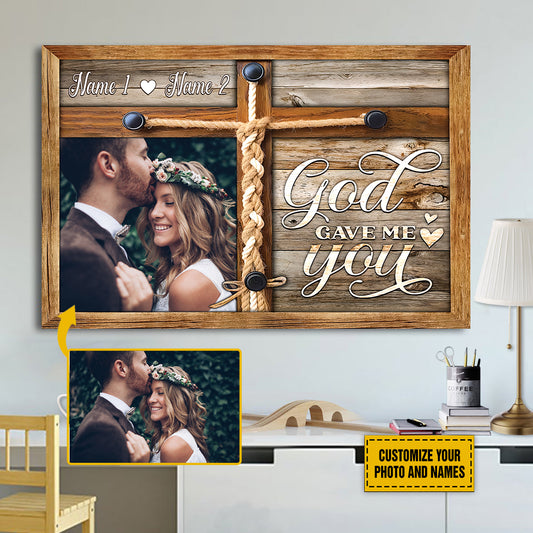 Teesdily | Christian Couple Personalized Photo Poster Canvas God Gave Me You Wall Art Canvas Wood Print Valentine Wedding Anniversary Romantic Gifts