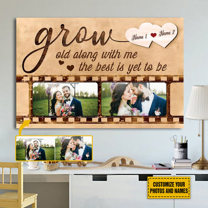 Teesdily | Couple Customized Photo And Name Poster Canvas Grow Old Along With Me Vintage Wall Decor Wedding Anniversary Gift For Wife Husband