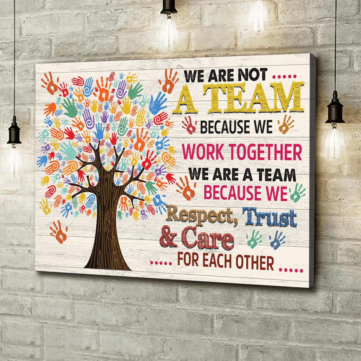 Teesdily | Colorful Tree Hands Canvas Painting We Are Not A Team Because We Work Together Wall Art Autism Support Home Office Decoration