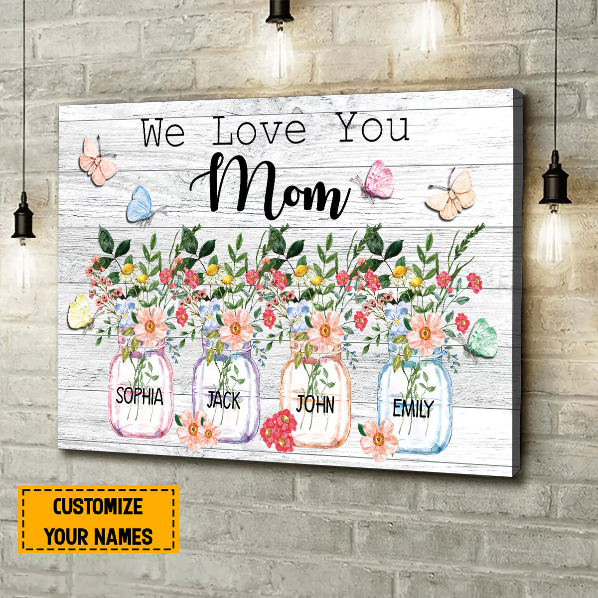 Teesdily | Mother's Day Customized Kid Name Poster Canvas We Love You Mom Wall Art Canvas Flower Vase Farmhouse Print Gift From Son Daughter