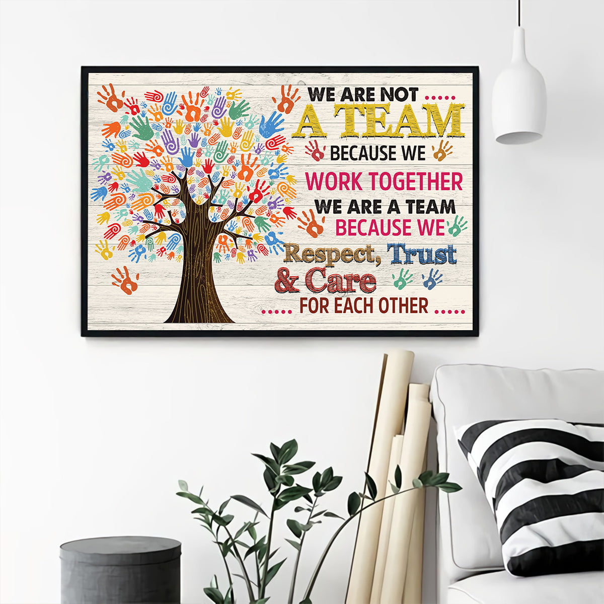 Teesdily | Colorful Tree Hands Canvas Painting We Are Not A Team Because We Work Together Wall Art Autism Support Home Office Decoration