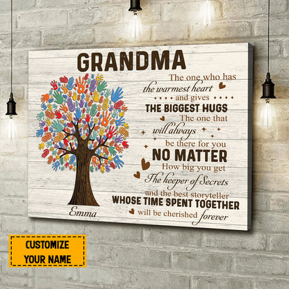 Teesdily | Grandma Family Tree Personalized Wall Art Canvas Grandma The One Who Has The Warmest Heart Canvas Farmhouse Painting Print Grandmom Gifts